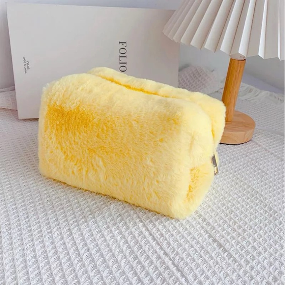 Yellow Faux Fur Zip Pouch - Women Bags